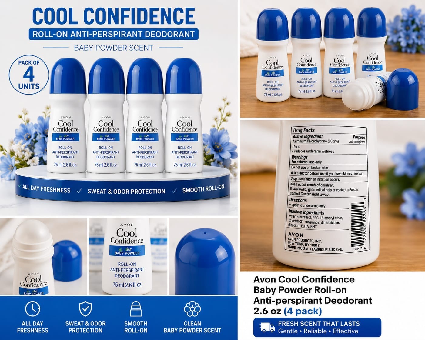 Avon Cool Confidence Roll-On Deodorant 2.6oz 4 6 12 Pack Long Lasting Fresh
