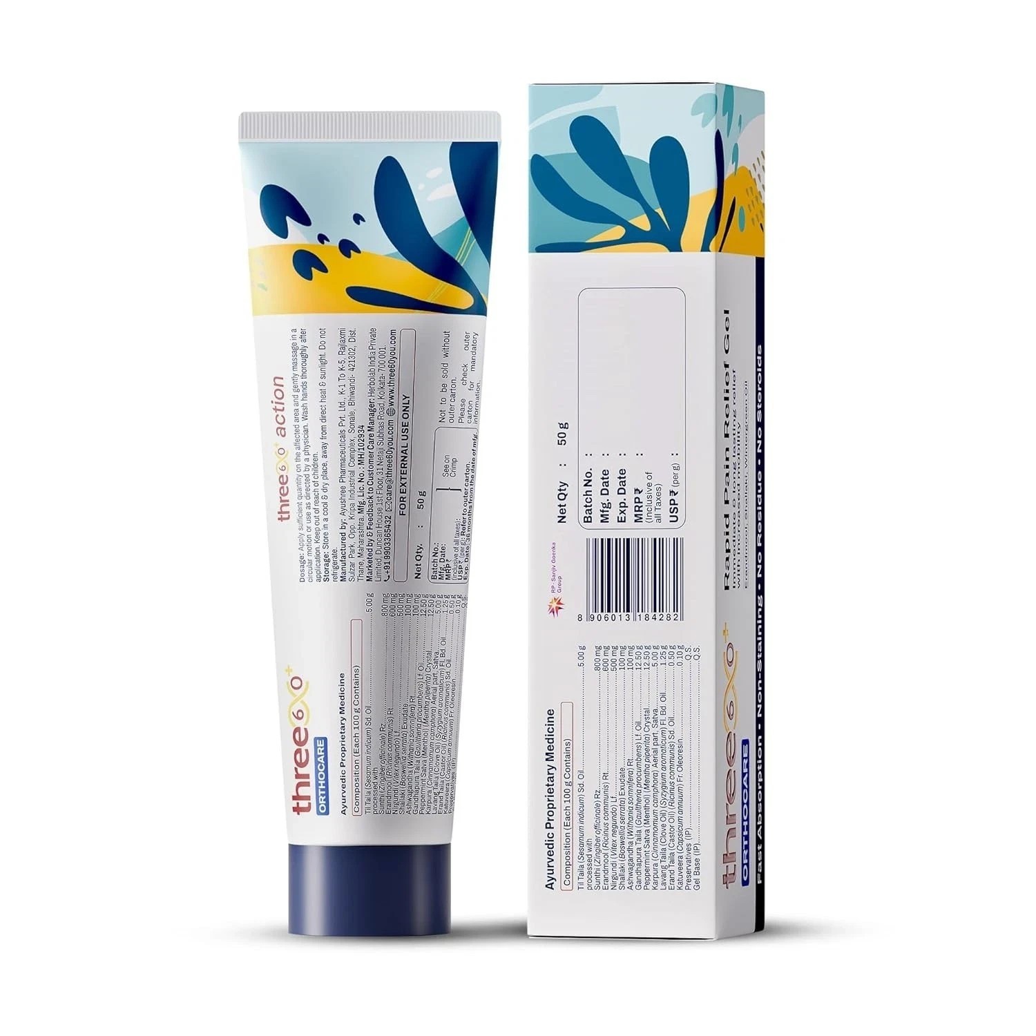 Three60+ Rapid Pain Relief Gel Fast Arthritis Relief Herbal Non-Stain 50g