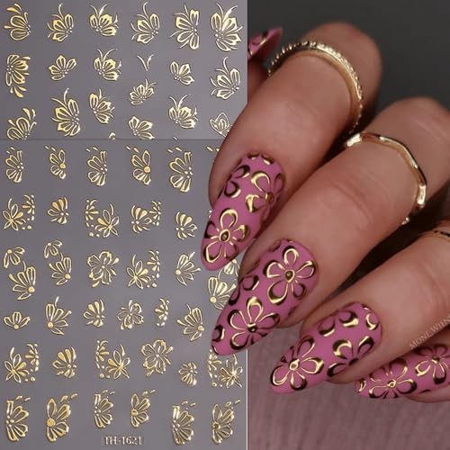 6Pcs Gold Flower Nail Stickers 3D Nail Art Stickers Spring Nail Decals Style7