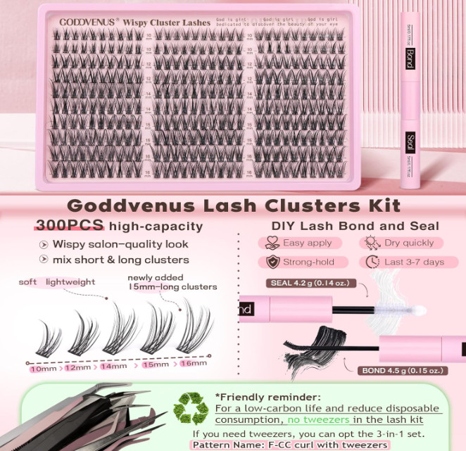 Goddvenus Lash Clusters Kit – 300pcs Wispy C Curl DIY Extensions 10-16mm