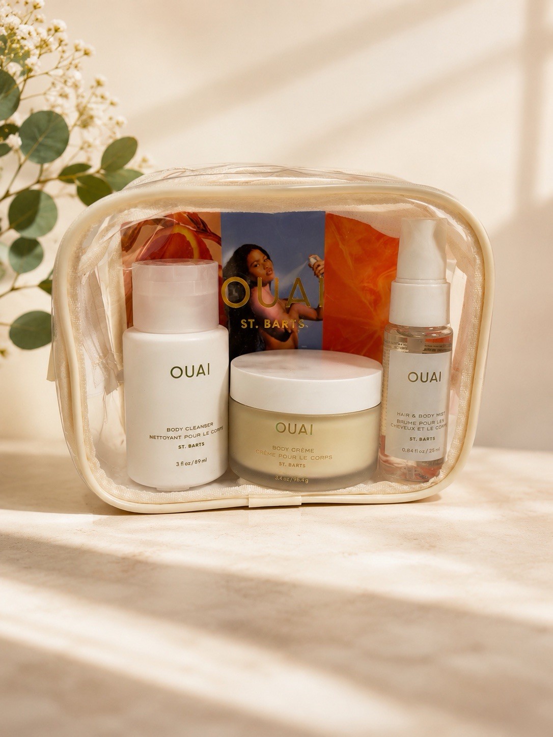 OUAI St. Barts Wanna Get A-OUAI Travel Kit Body Cleanser Creme Mist Bag Set NEW