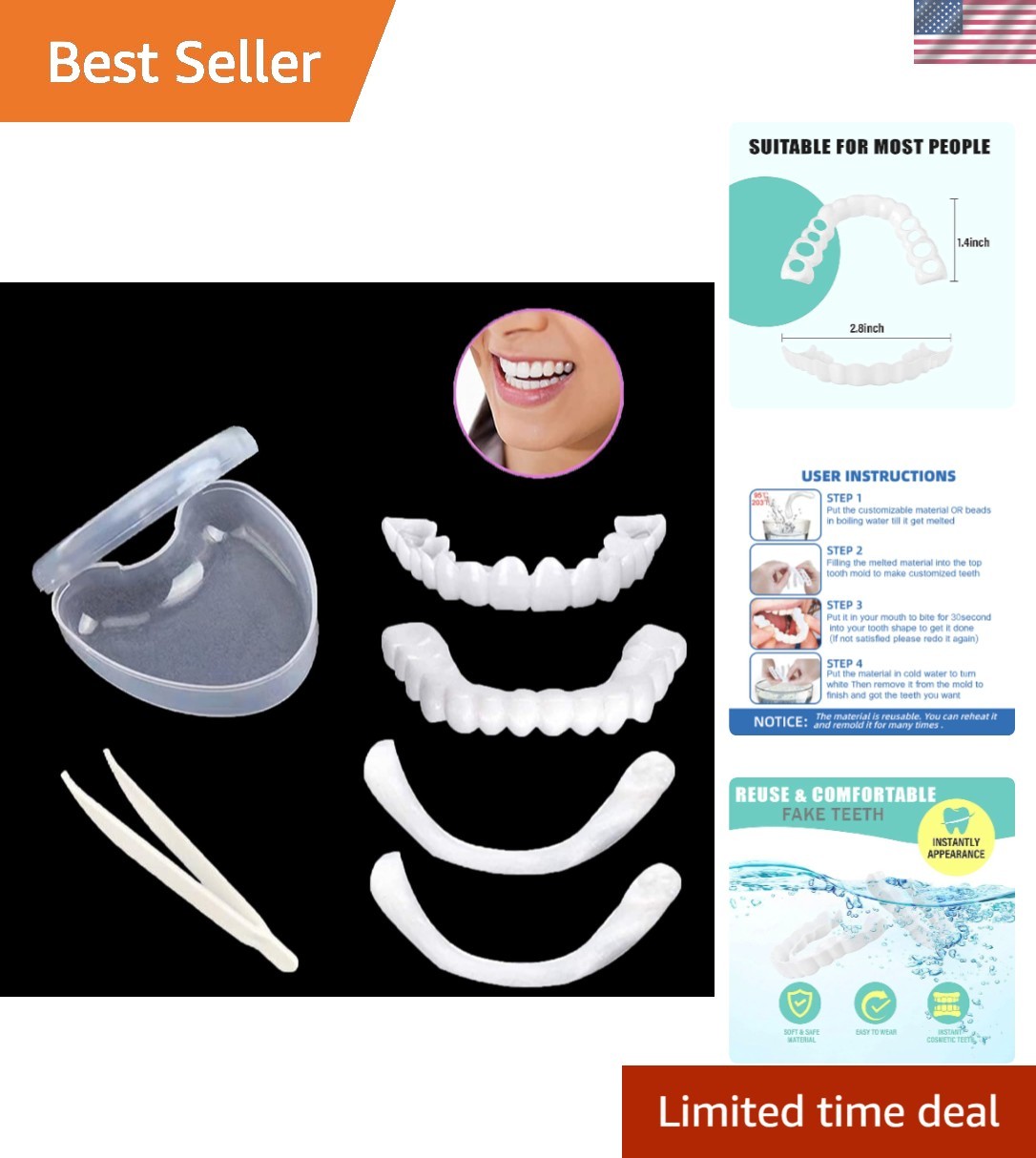 Comfortable Dental Care Set: 2 Veneers, Adhesives, Tweezers, and Storage Box
