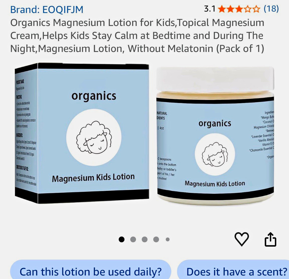 EOQIEJM Organic Magnesium Chloride Kids Body Lotion Lavender Vanilla 4 oz