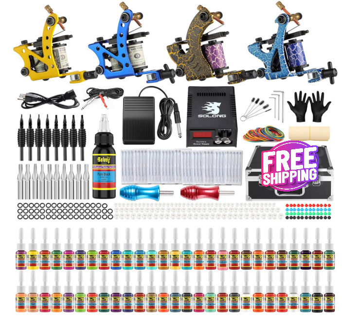 Máquinas de tatuaje de 54 tintas, fuente de alimentación, pedal y agujas NEW US
