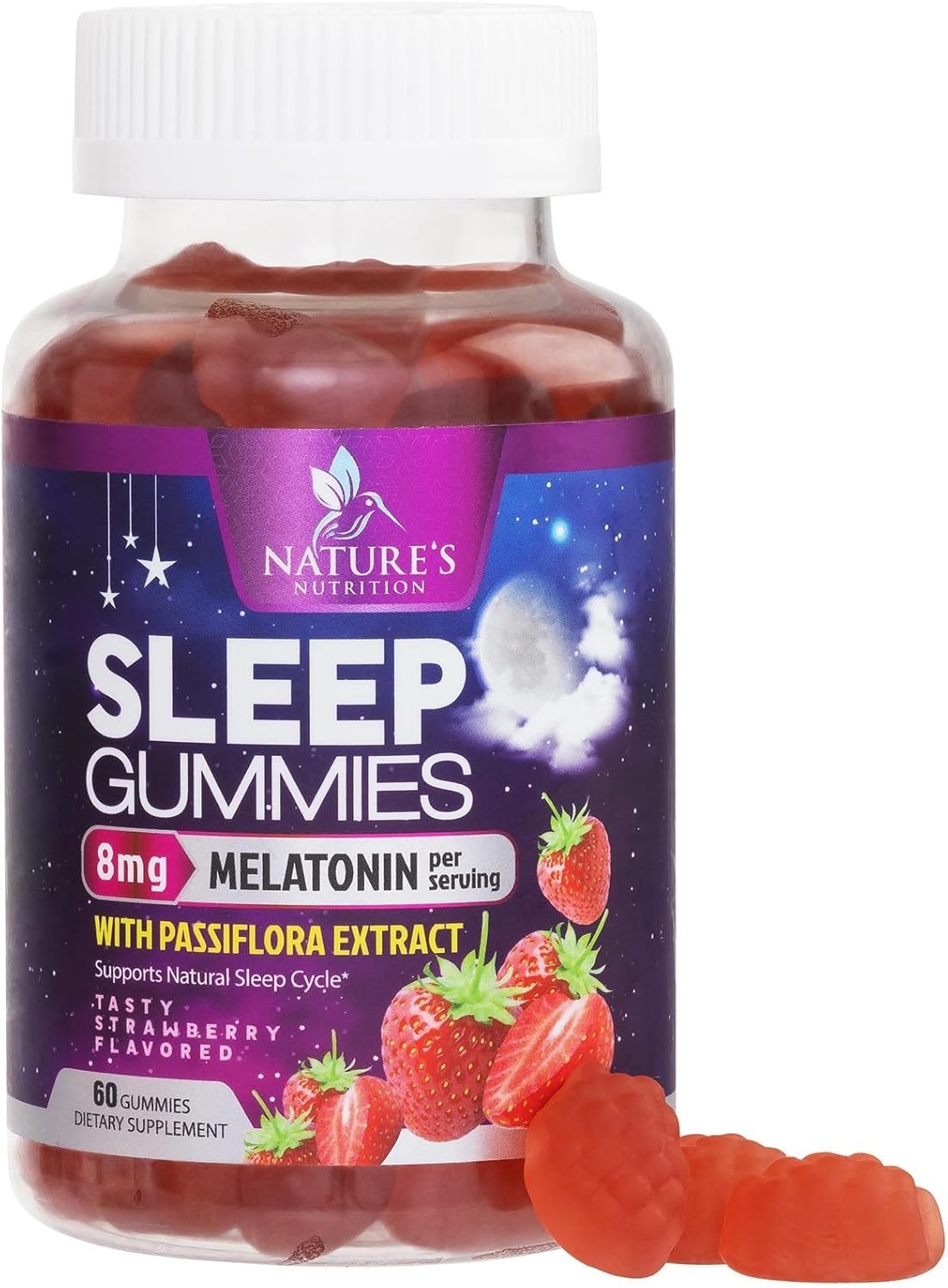 Melatonin Sleep Gummies 8mg with Passiflora 60 Count Vegan Strawberry Flavor