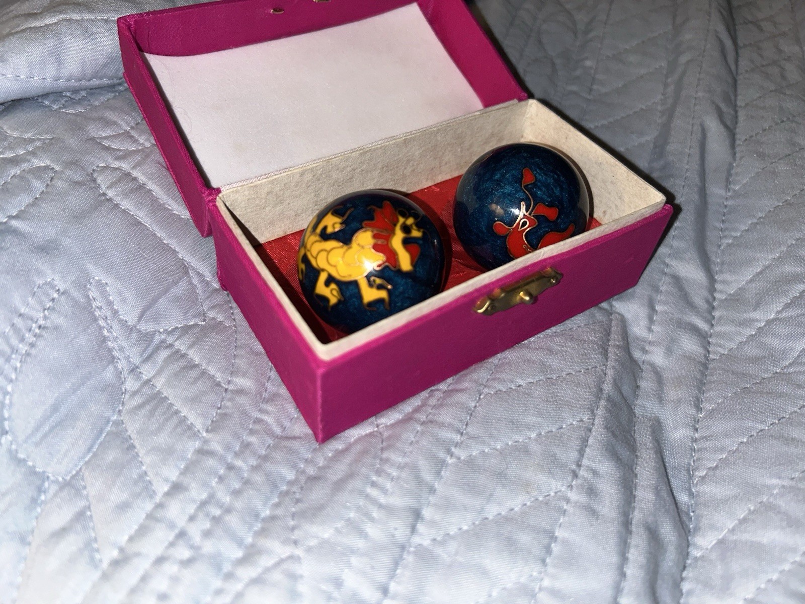Chinese Cloisonné Baoding Balls with Chimes Original Pink Box DRAGON & PHOENIX!