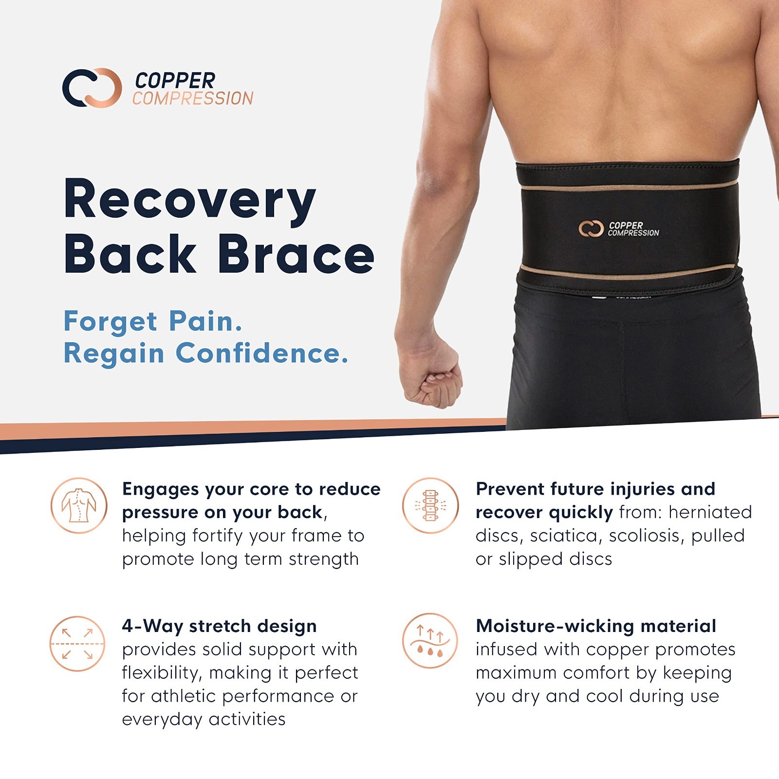 Adjustable Copper Infused Back Brace for Lower Back Pain Relief, Sciatica & Hern