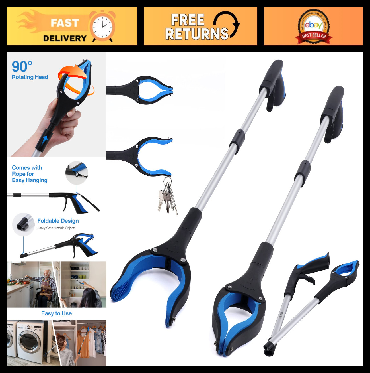 2-Pack 32″ Extra Long Grabber Tool – Steel Foldable Pick Up Stick, Magnetic Grip