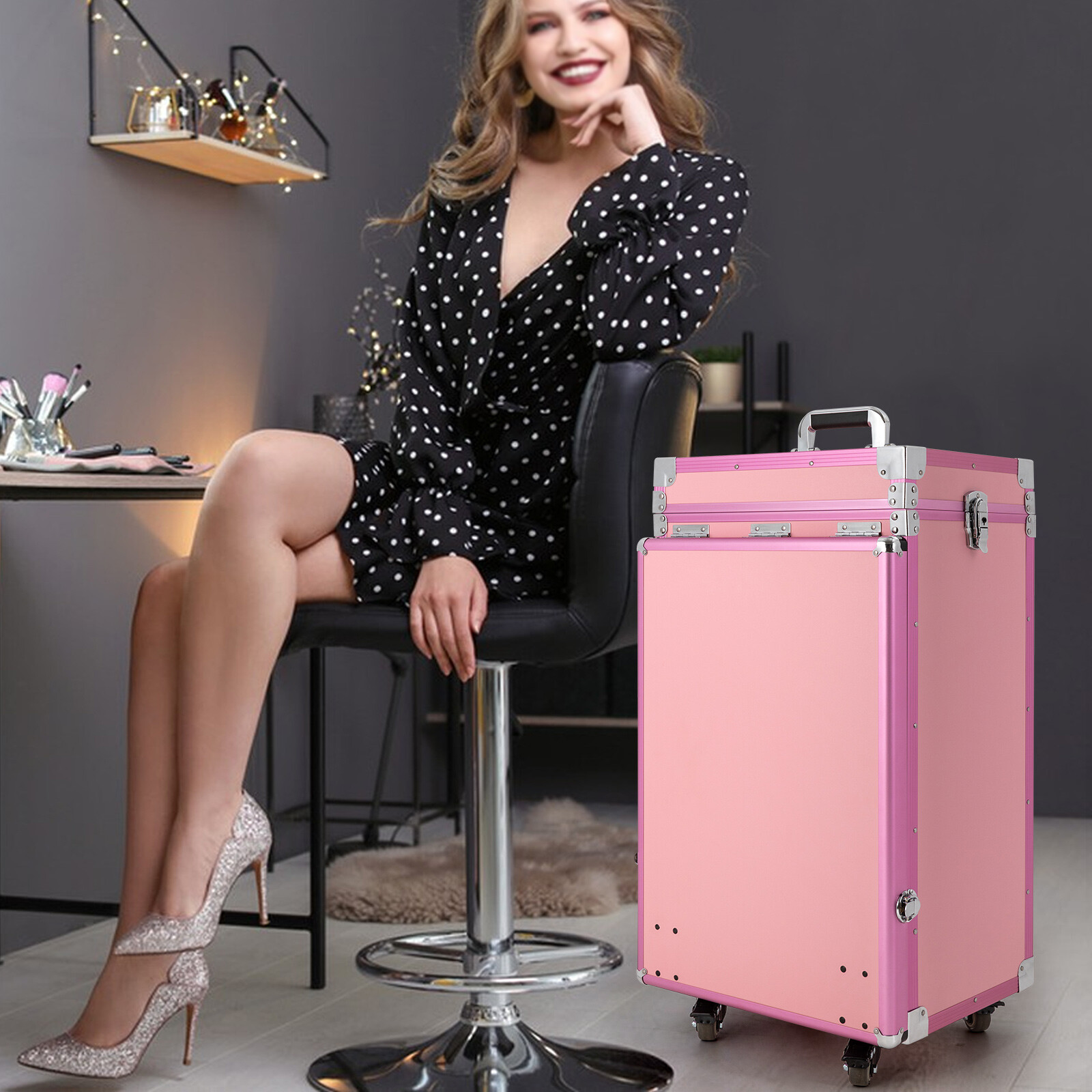 Pink US Standard Rolling Manicure Desk Makeup Train Case Travel Cosmetic Trolley