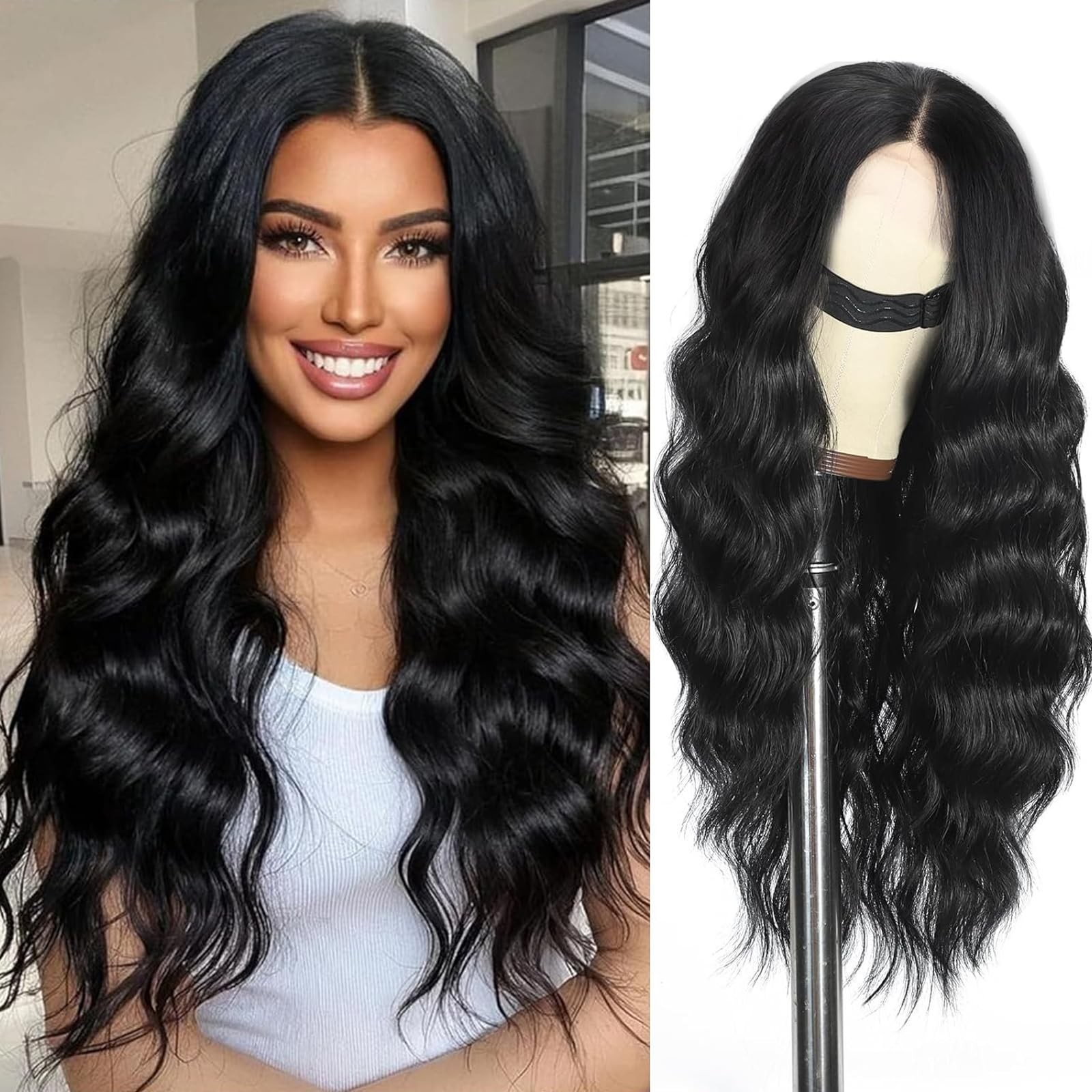 Black Lace Front Wig Women Long Wavy Synthetic 4×1 Lace Middle Part