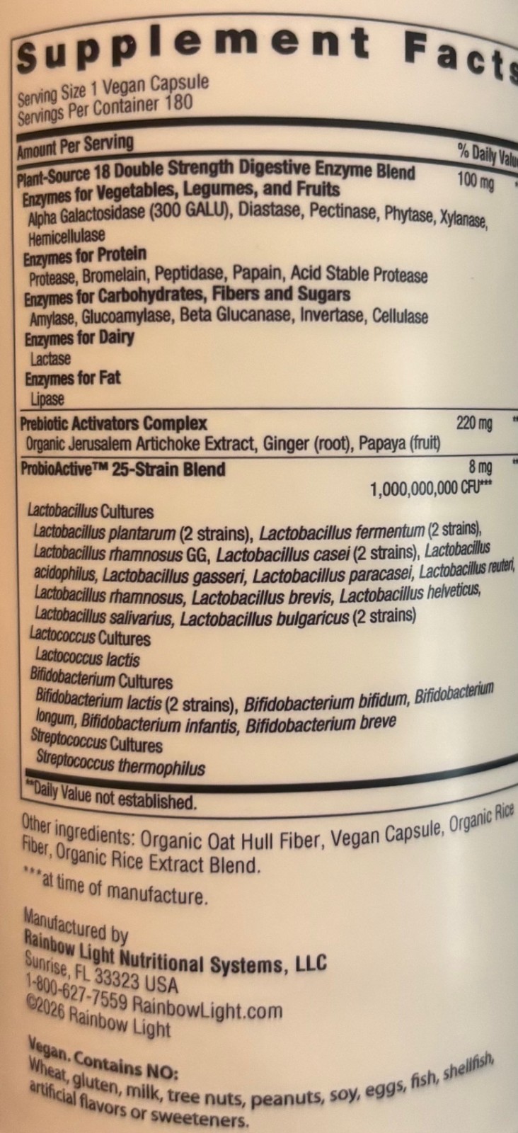 Rainbow Light All-Zyme Double Strength Plant Source Enzymes + Probiotics 180 Cap