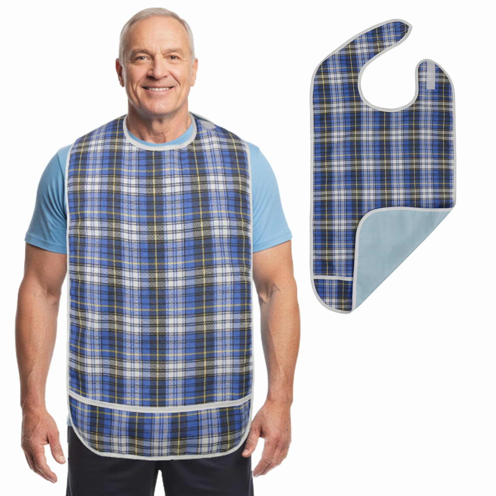 Modaliv Adult Bib with Pocket, Waterproof Reusable Eating Standard, Blue