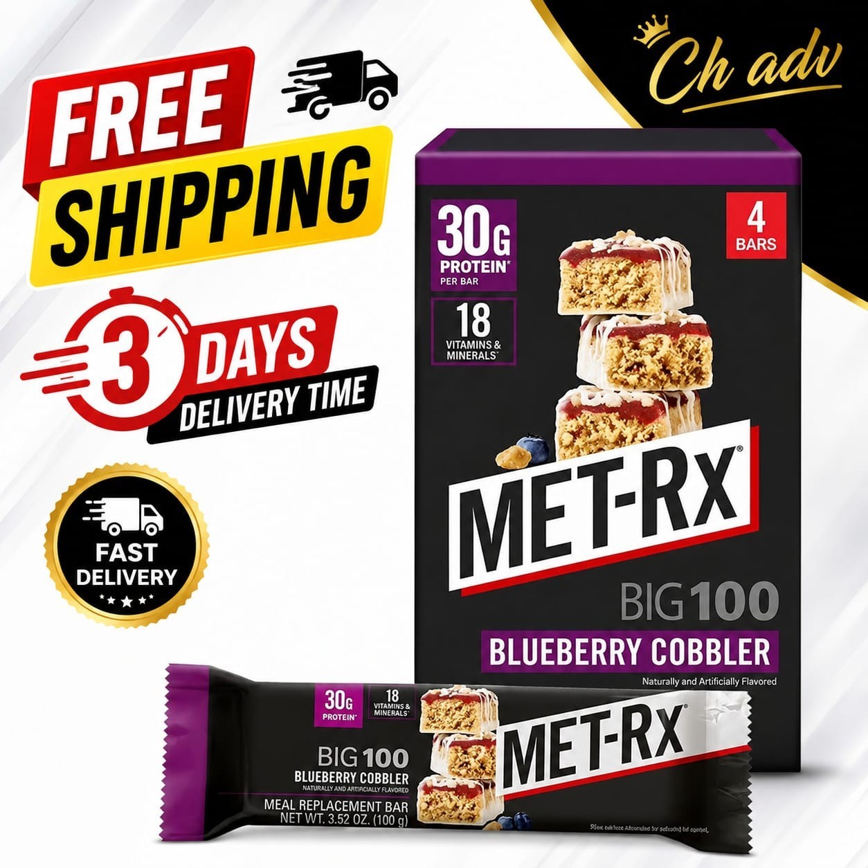 Met-Rx Big 100 High Protein Meal Replacement Bars, Blueberry Cobbler, 30G