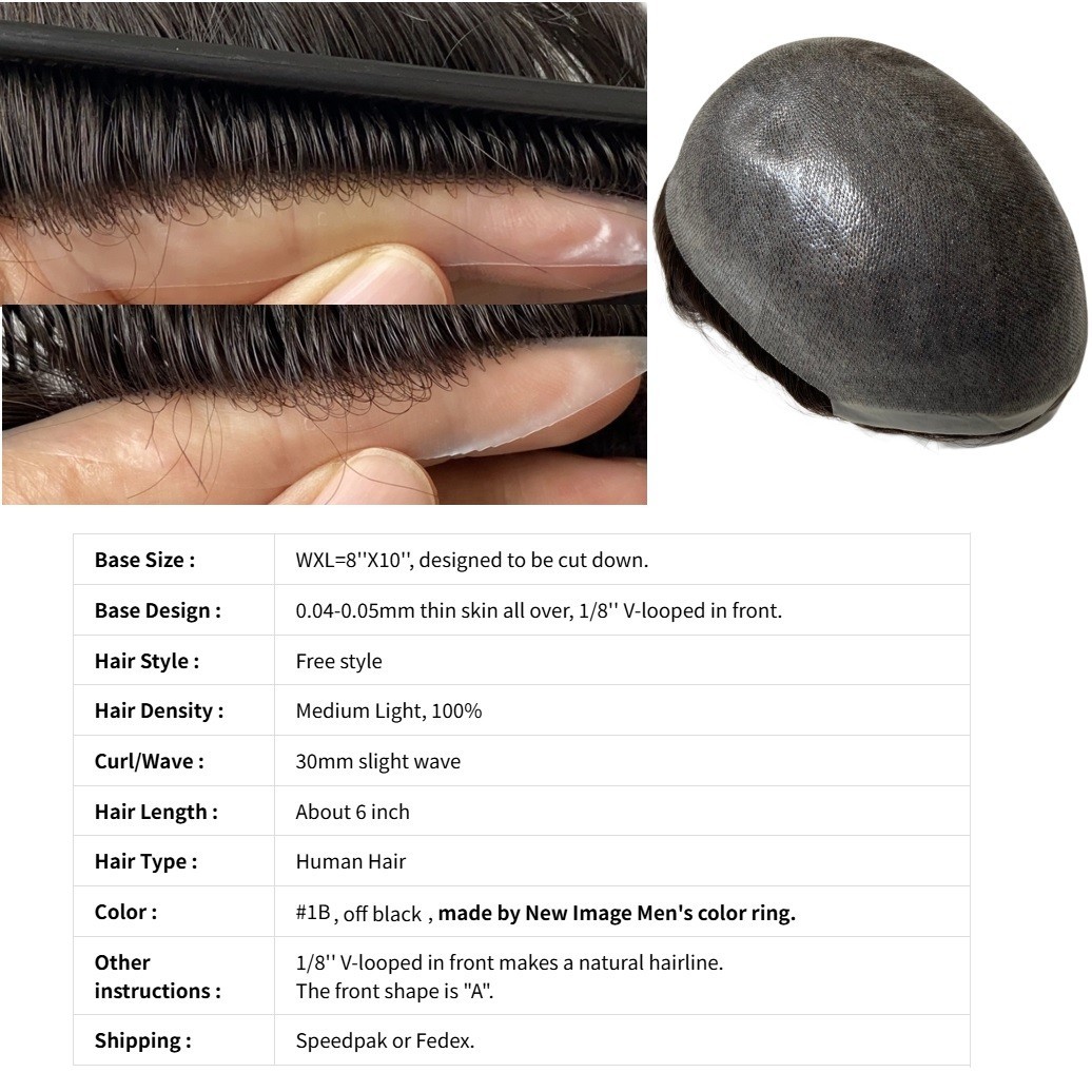 Human Hair Mens Toupee V-looped Front 0.05mm Super Thin Skin Hair Replacement