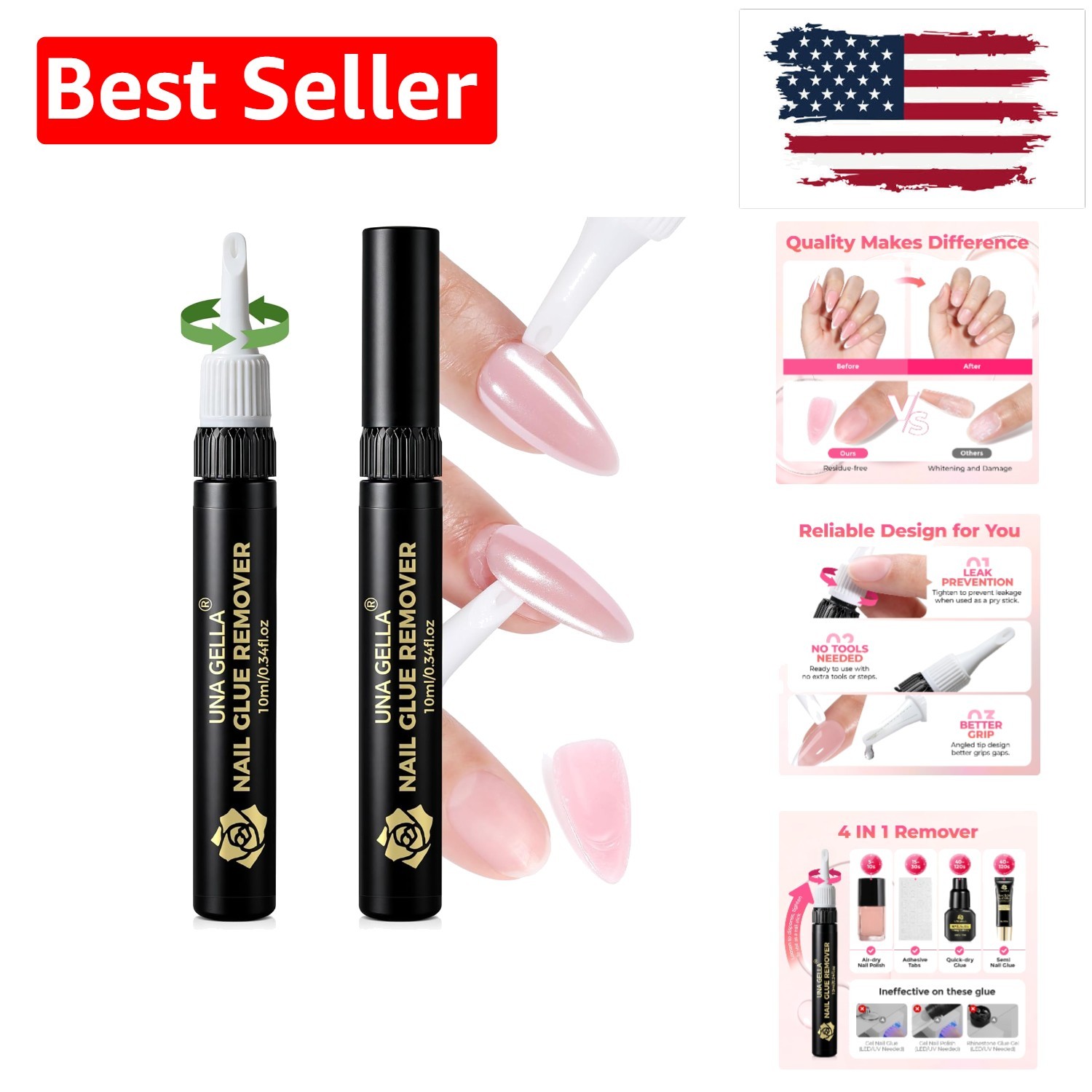 Quick & Gentle Nail Glue Remover 2-Pack – 10ml, Twist Control & Travel-Friendly