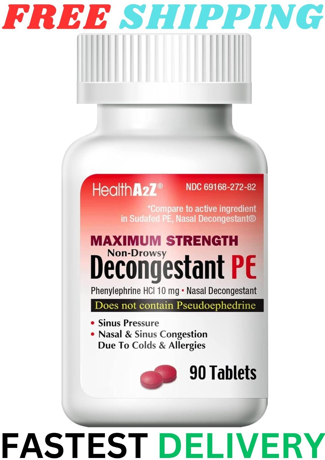 HealthA2Z® Decongestant PE | Phenylephrine HCl 10 mg (90 Count (Pack of 1)