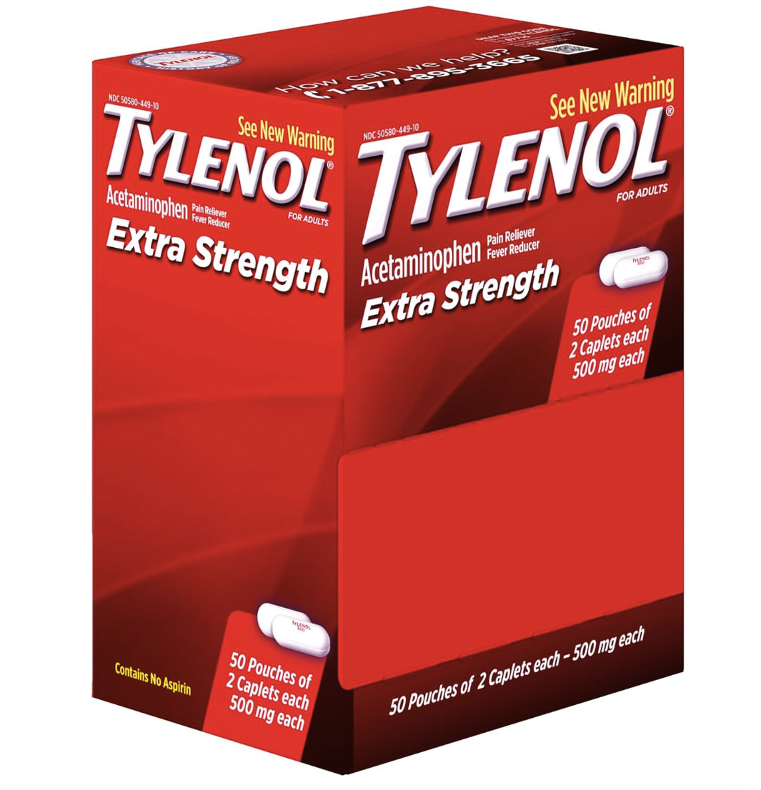 Tylenol Extra Strength Acetaminophen Caplets 500 mg, 50 Packets of 2, Exp 3-2029