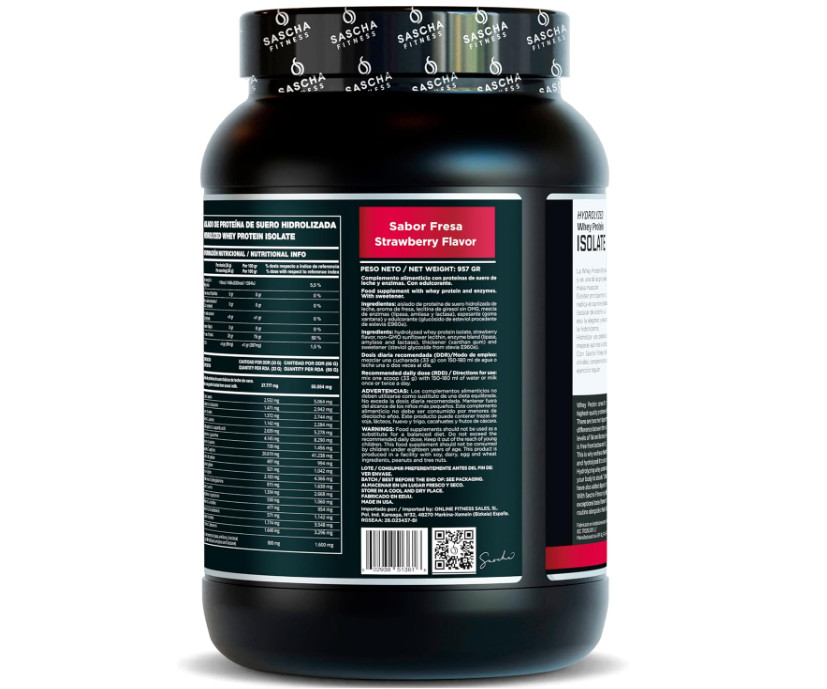 Sascha Fitness Hydrolyzed Whey Isolate Strawberry 2lb Grass Fed Protein
