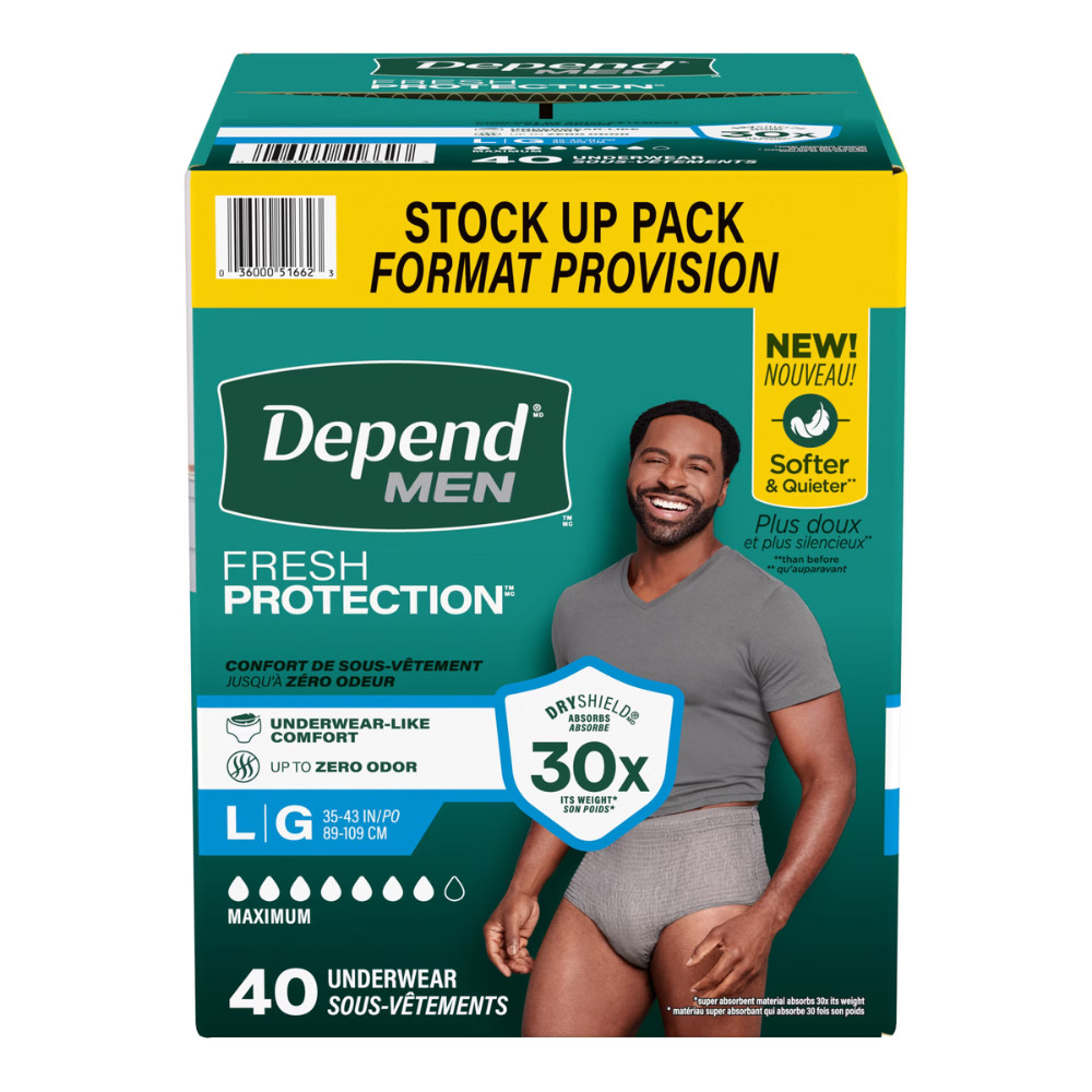 Depend Fresh Protection Incontinence Underwear for Men, Adult Diapers, L, 40 Ct