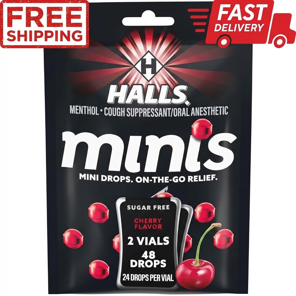 HALLS Minis Cherry Flavor Sugar Free Cough Drops, 48 Drops Free Shipping