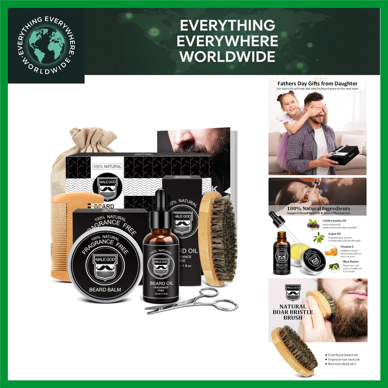 Eco-Friendly Beard Grooming Set – Growth Oil, Balm, E-book Guide Included