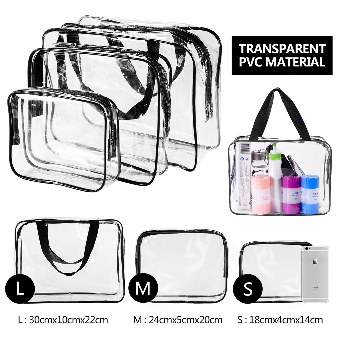 3Pc Transparent PVC Storage Bag Travel Toiletry Bag Cosmetic Toiletry Clear Bag