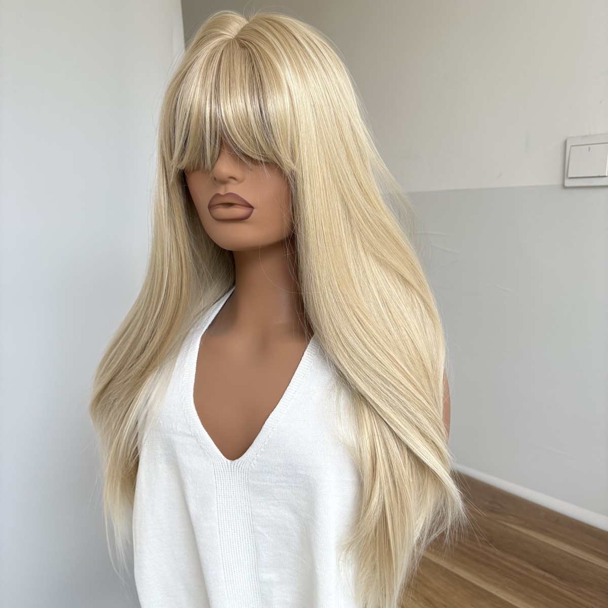 Long Straight Dress Up Wigs With Bangs Synthetic Hair Mixed blonde