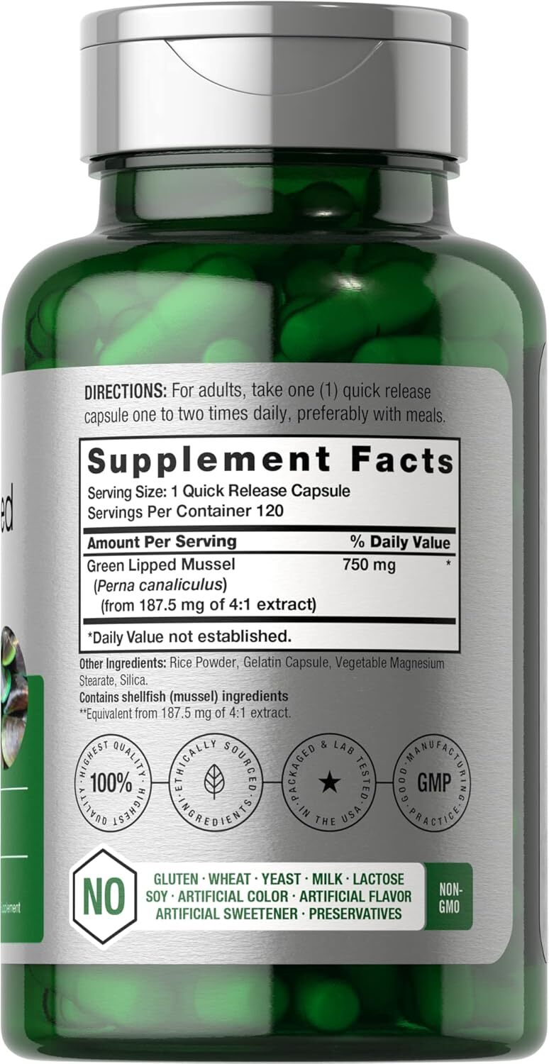 Green Lipped Mussel Capsules 750 mg | 120 Count | from New Zealand | by Horbaach