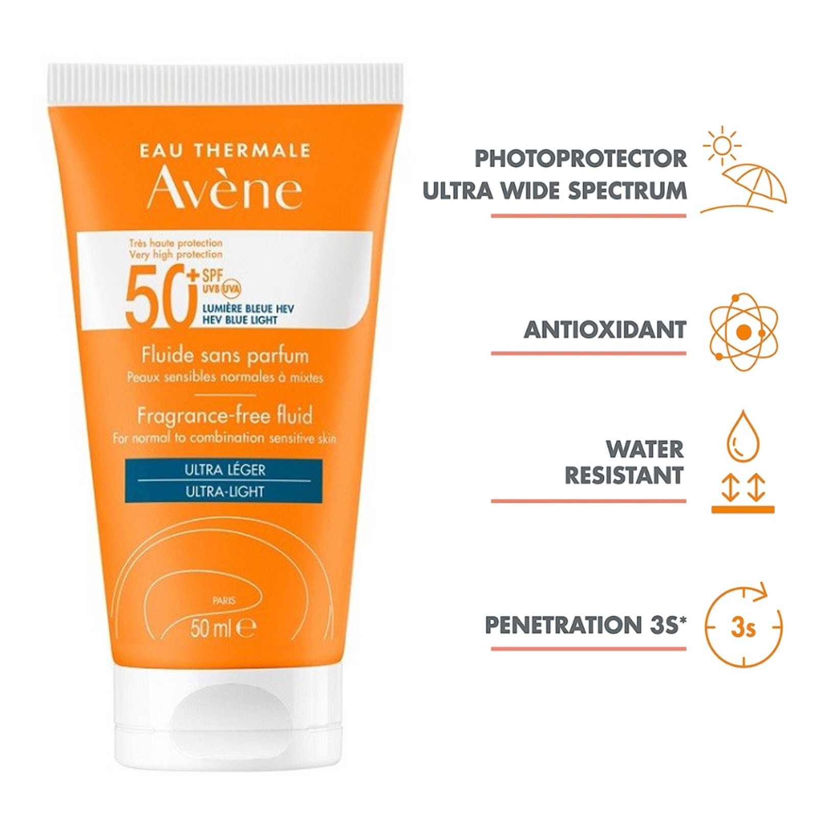Avene Sunscreen Spf 50+ High Protection Fluid Ultra Light 50ML Fragrance Free