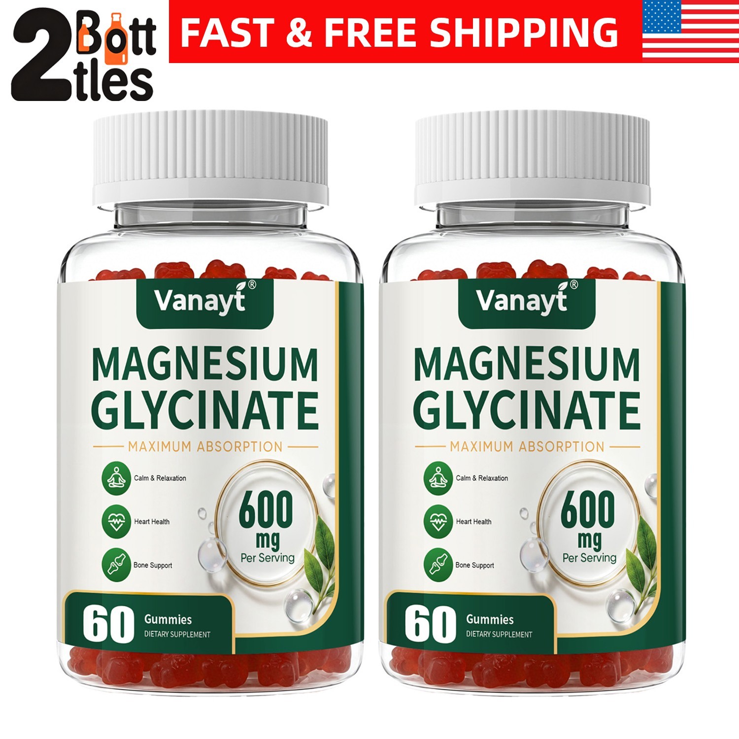 2PCS Magnesium Glycinate With Vitamin D3 Sleep Support, Stress & Anxiety Relief