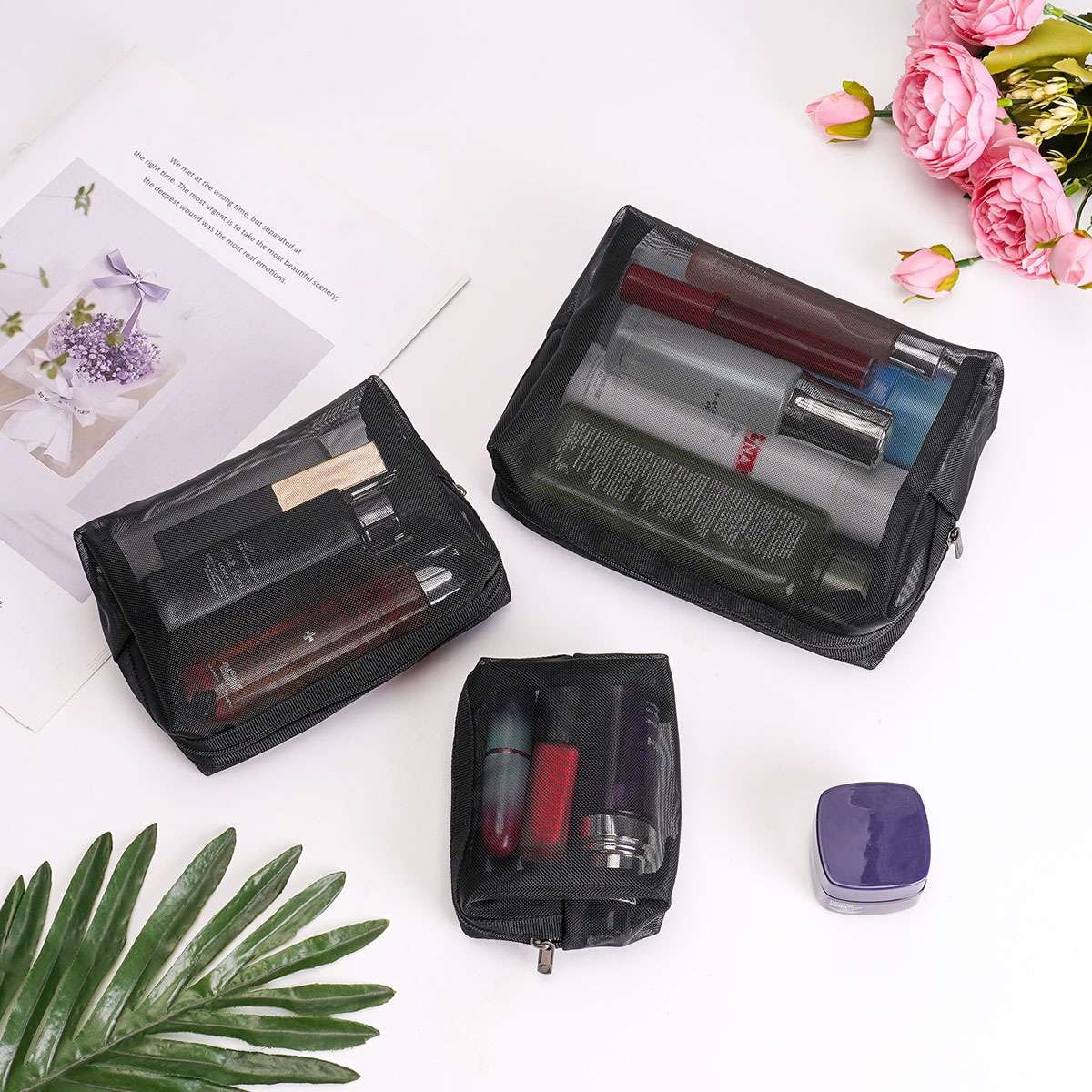 3×Cosmetic Bag Zipper Mesh Travel Black Toiletry Makeup Organizer Bag Case Pouch