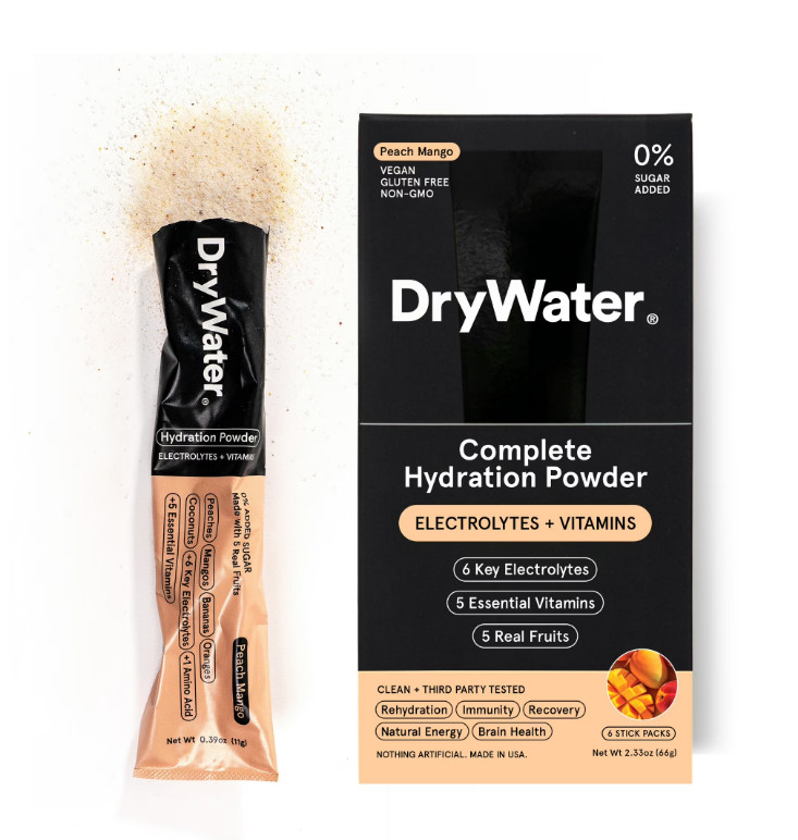 DryWater Hydration Powder ,Electrolytes , Vitamins , Peach Mango, 6 Pack