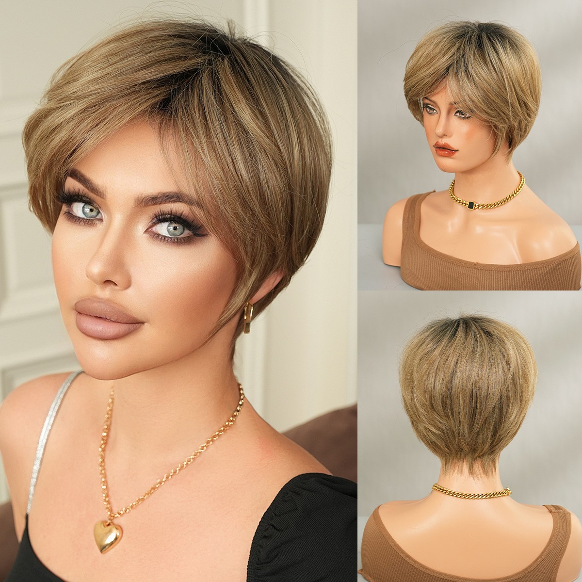 Cold Brew Brown Short Straight Wig Side Part for Middle Aged Women Natural