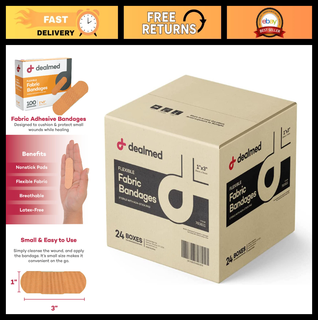 Flexible Fabric Adhesive Bandages 1×3 Inch – 100 Count – 24 Boxes – Breathable F