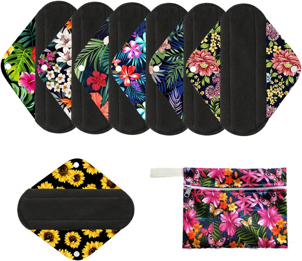 7Pcs/Set Reusable Menstrual Pads Including 1Pc Mini Wet Bag +6Pcs Bamboo Charcoa