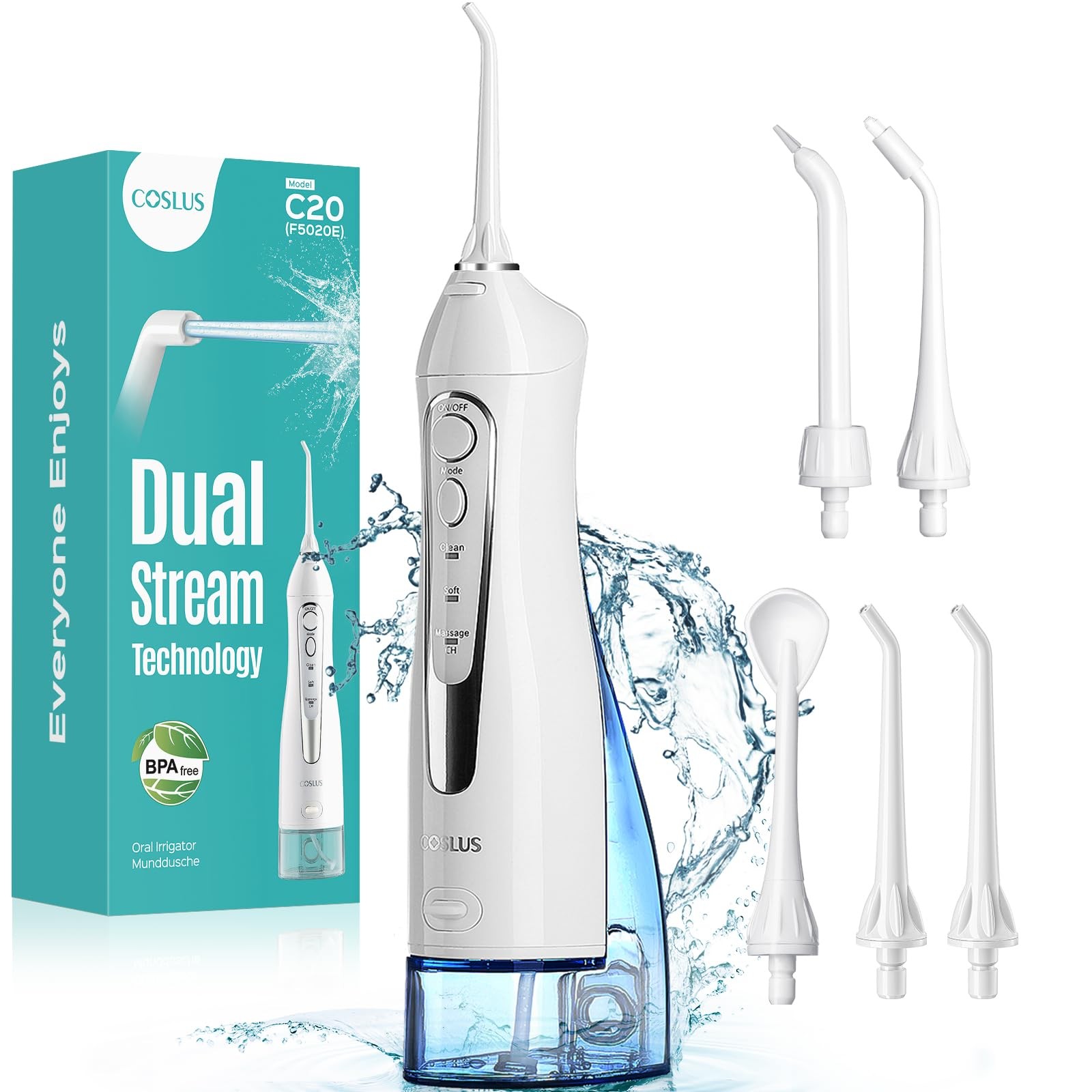 Coslus Water Dental Flosser Teeth Pick C20 Ada Accepted Portable Cordless Oral