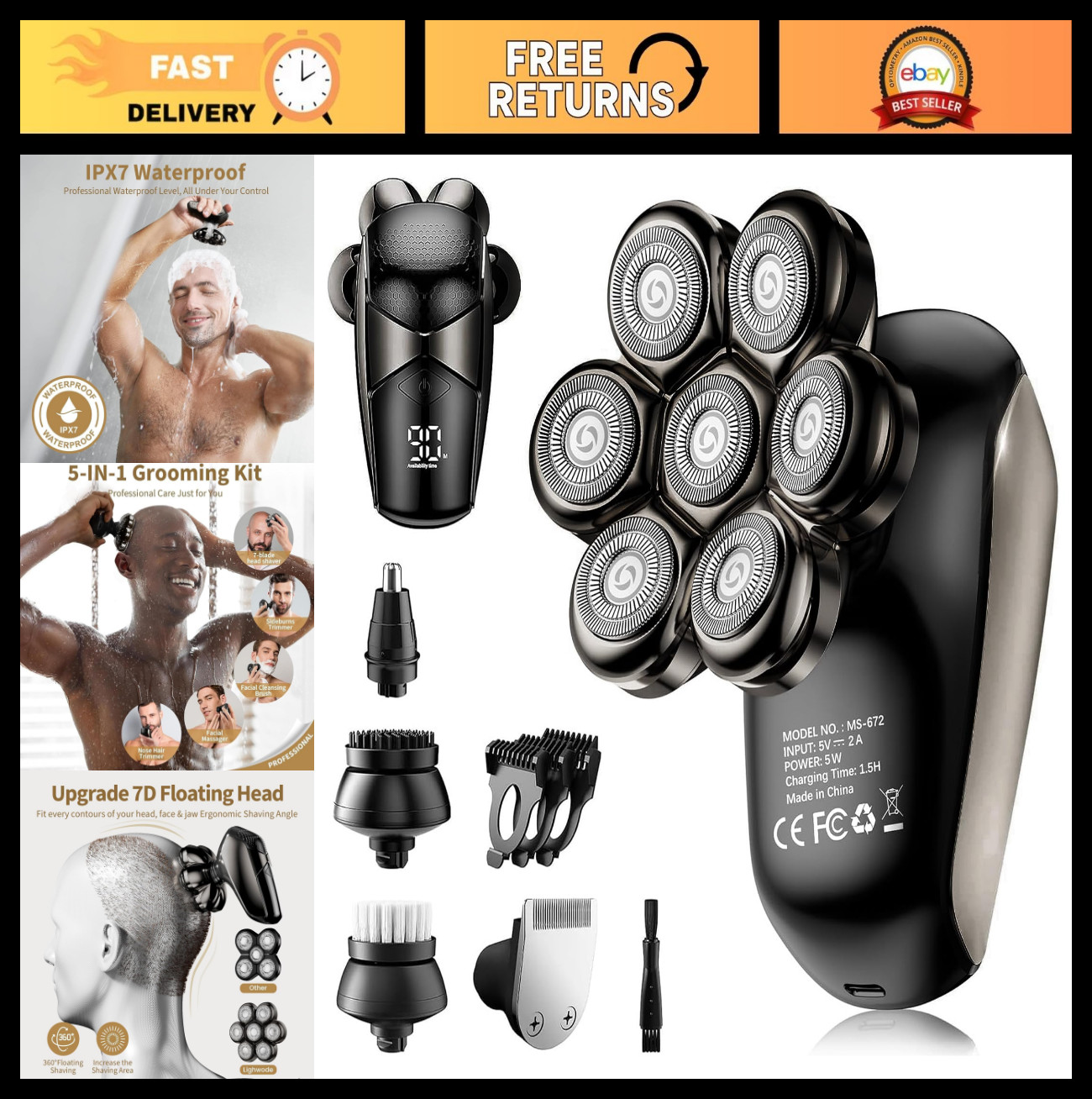 5-in-1 Electric Head Shaver for Bald Men – Waterproof Grooming Kit, Turbo Speed,