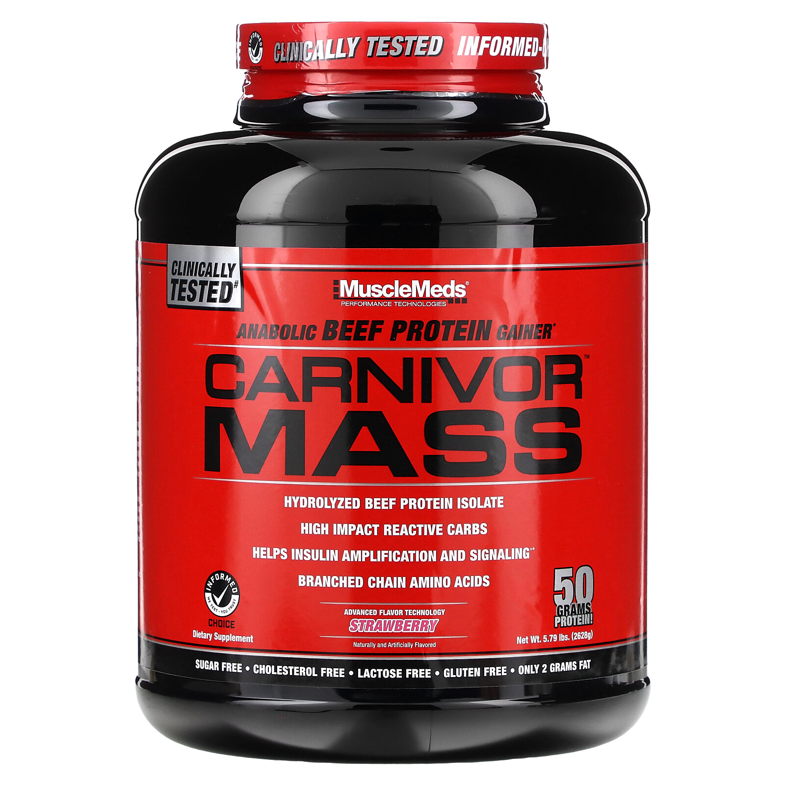 Carnivor Mass, Anabolic Beef Protein Gainer, Strawberry, 5.79 lbs (2,698 g)