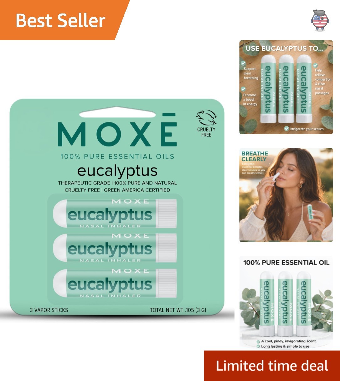 Pure Eucalyptus Essential Oil Inhaler Set – Fast Relief from Congestion, 3 Pack