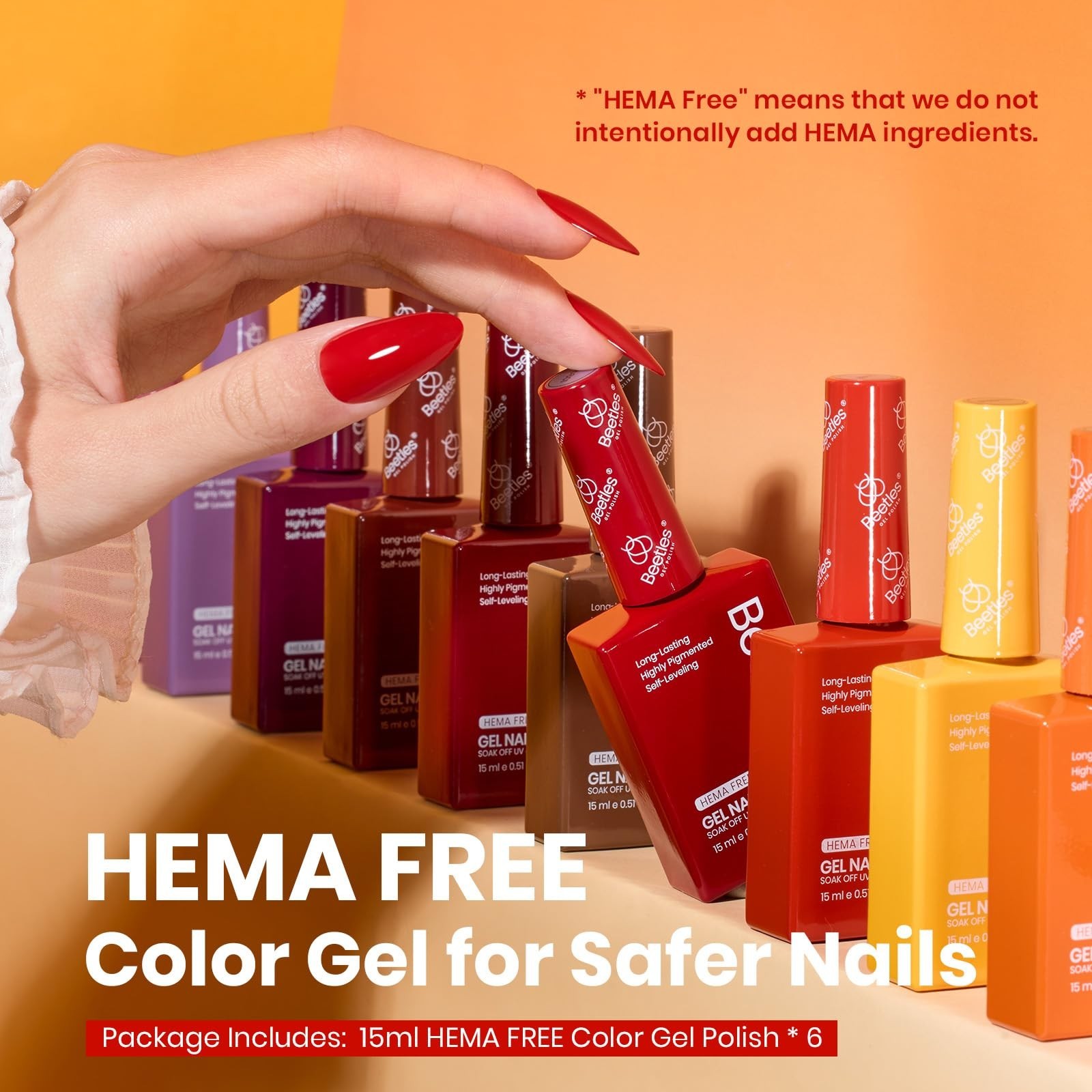 6 Colors Hema-Free Gel Polish Set – 15ML Burgundy Brown Red Yellow Orange, Soak
