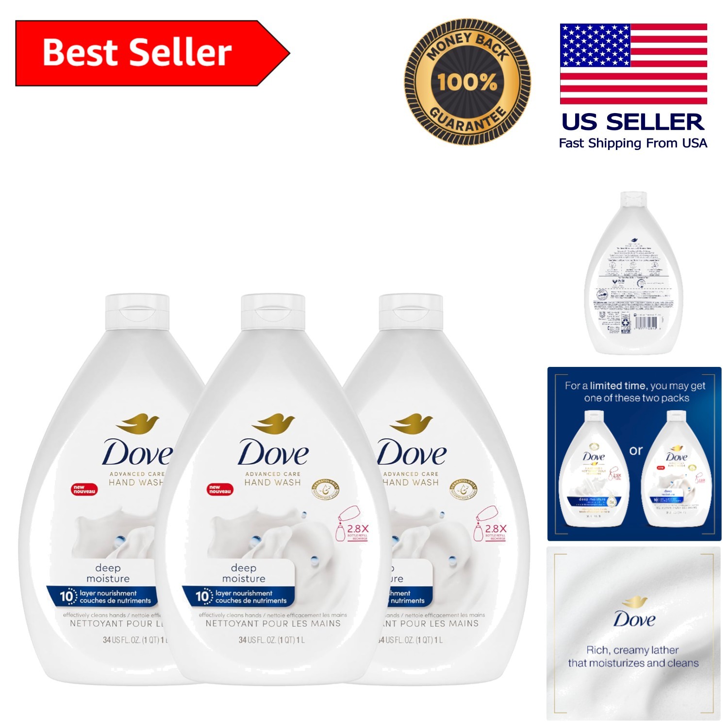 Advanced Care Deep Moisture Hand Wash – Pack of 3, 34 oz Total Luxury Cleanser