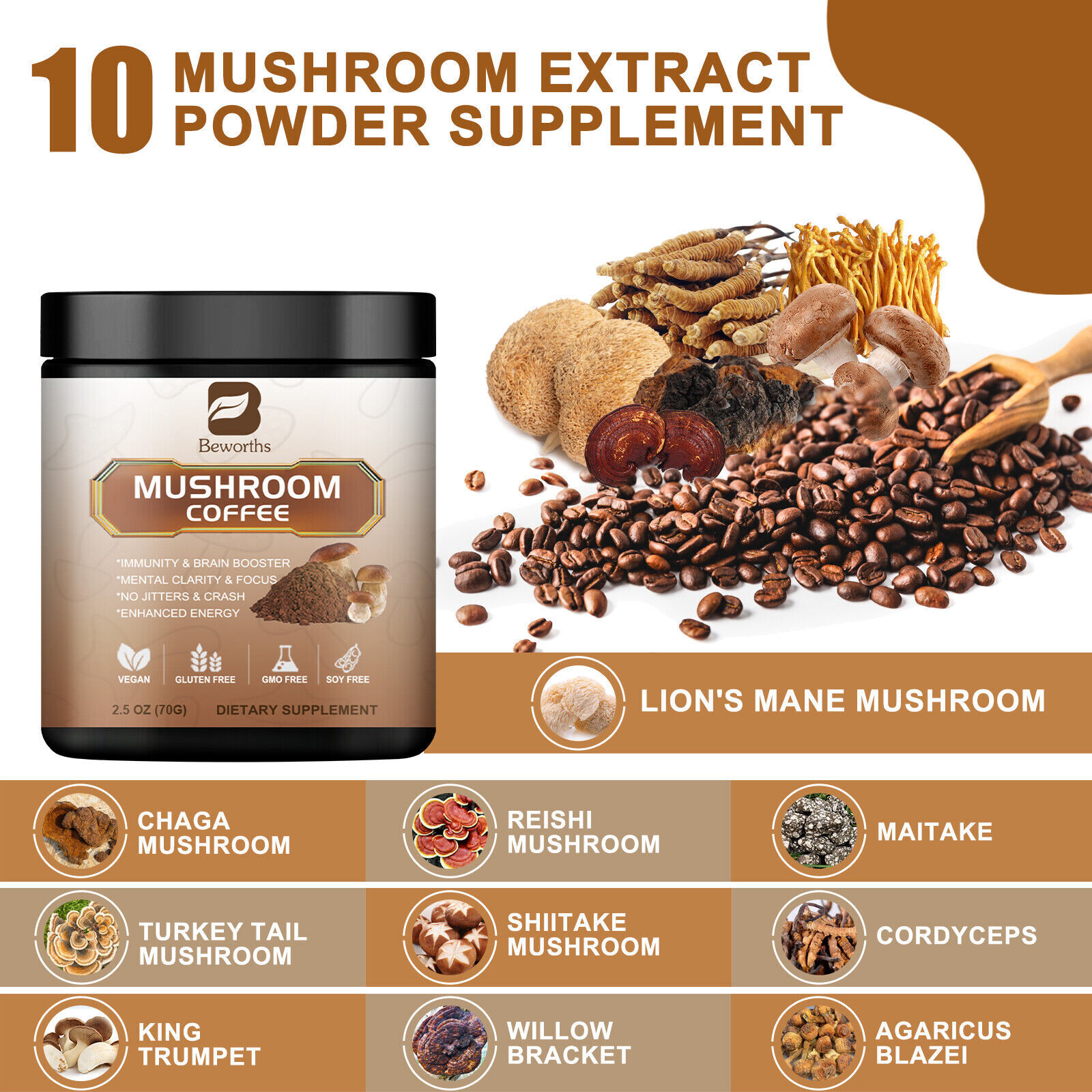 Organic Mushroom Coffee-Reishi, Lion’s Mane,Turkey Tail,Immunity & Brain Booster