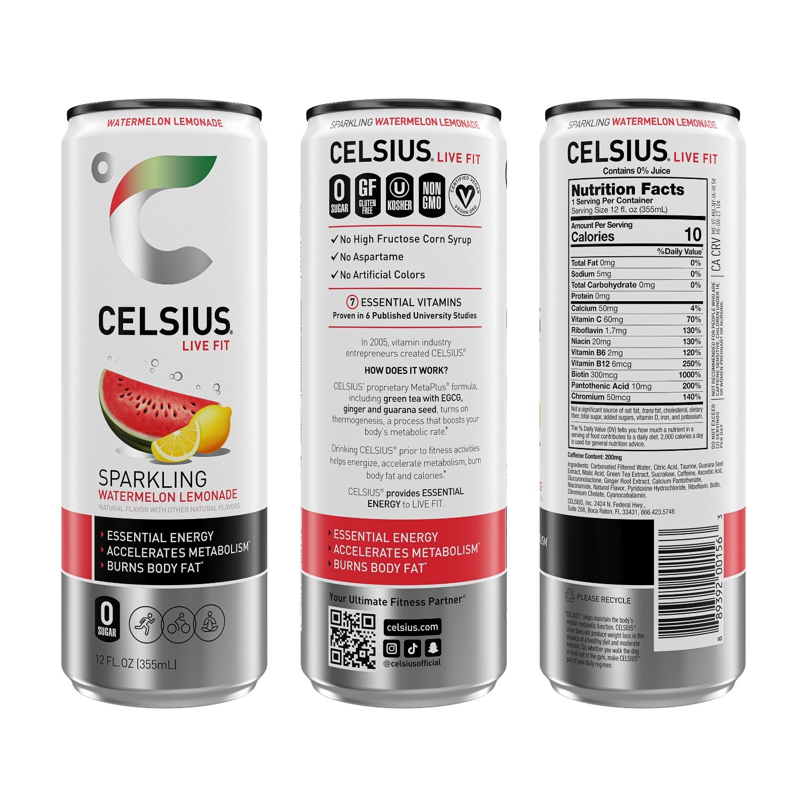 CELSIUS Sparkling Watermelon Lemonade, Functional Energy Drink 12 fl oz (Pack of