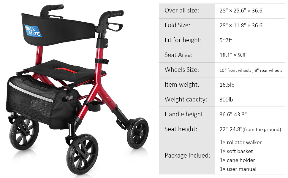 Heavy Duty Folding 300lb Rolling Wide Seat Rollator Walker With 4 Wheels Red USA