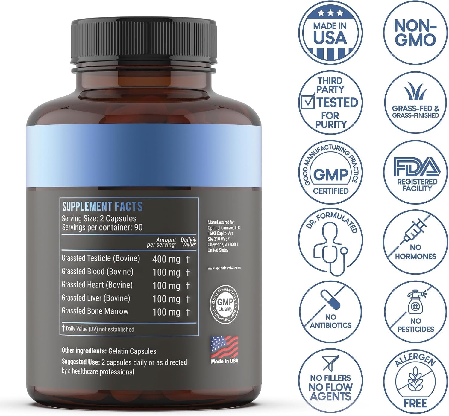 Beef Organ Supplement for Men Grass-Fed Testicle Blood Liver Heart & Bone Marrow