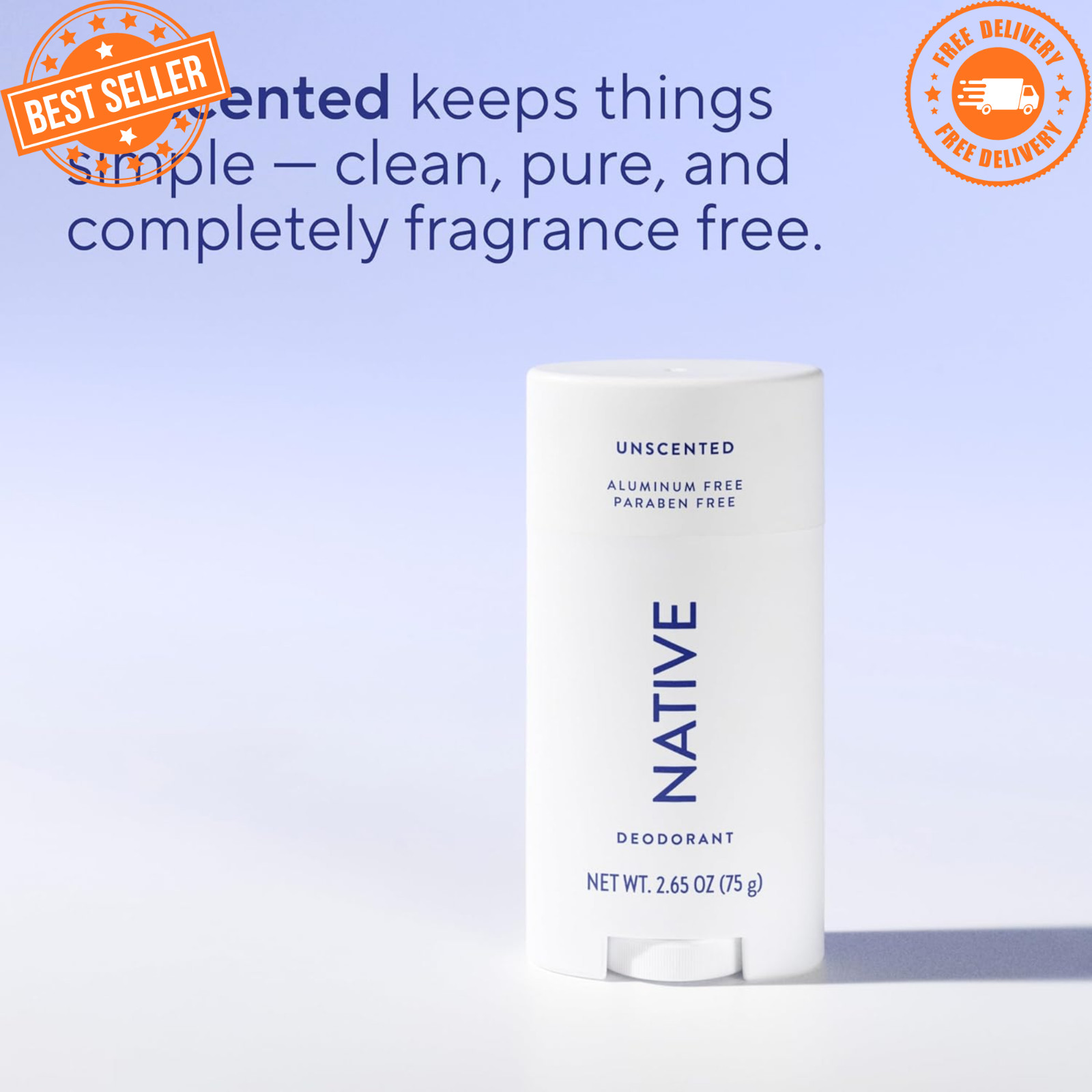 Native Deodorant Unscented Natural Aluminum Free 72Hr Odor Control 2.65oz NEW