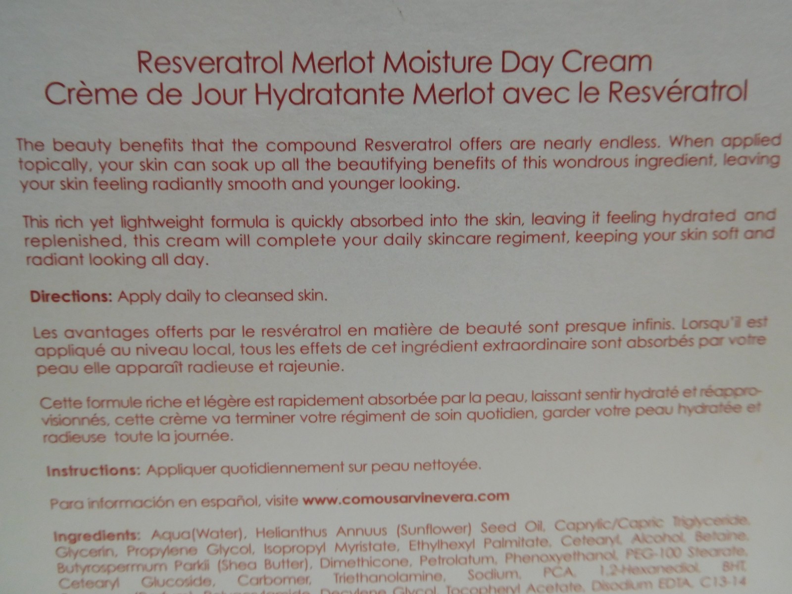 Vine-vera Merlot Moisture Day Cream Resveratrol Skin Care 1.83 oz – New
