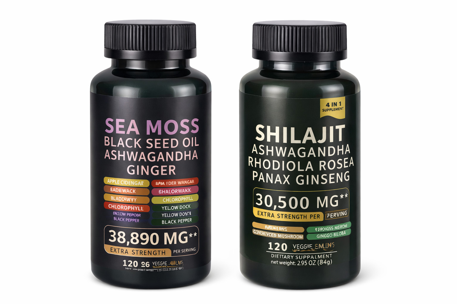 Shilajit + Sea Moss Black Seed Oil Ashwagandha Ginger 2 Pack 120 Caps Each