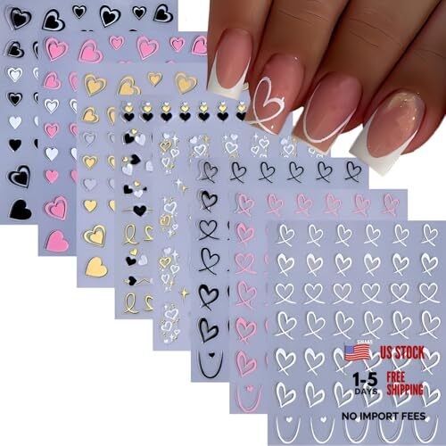 8 Sheets Nail Art Stickers 3D Self Adhesive Gold Pink Decals Black Heart