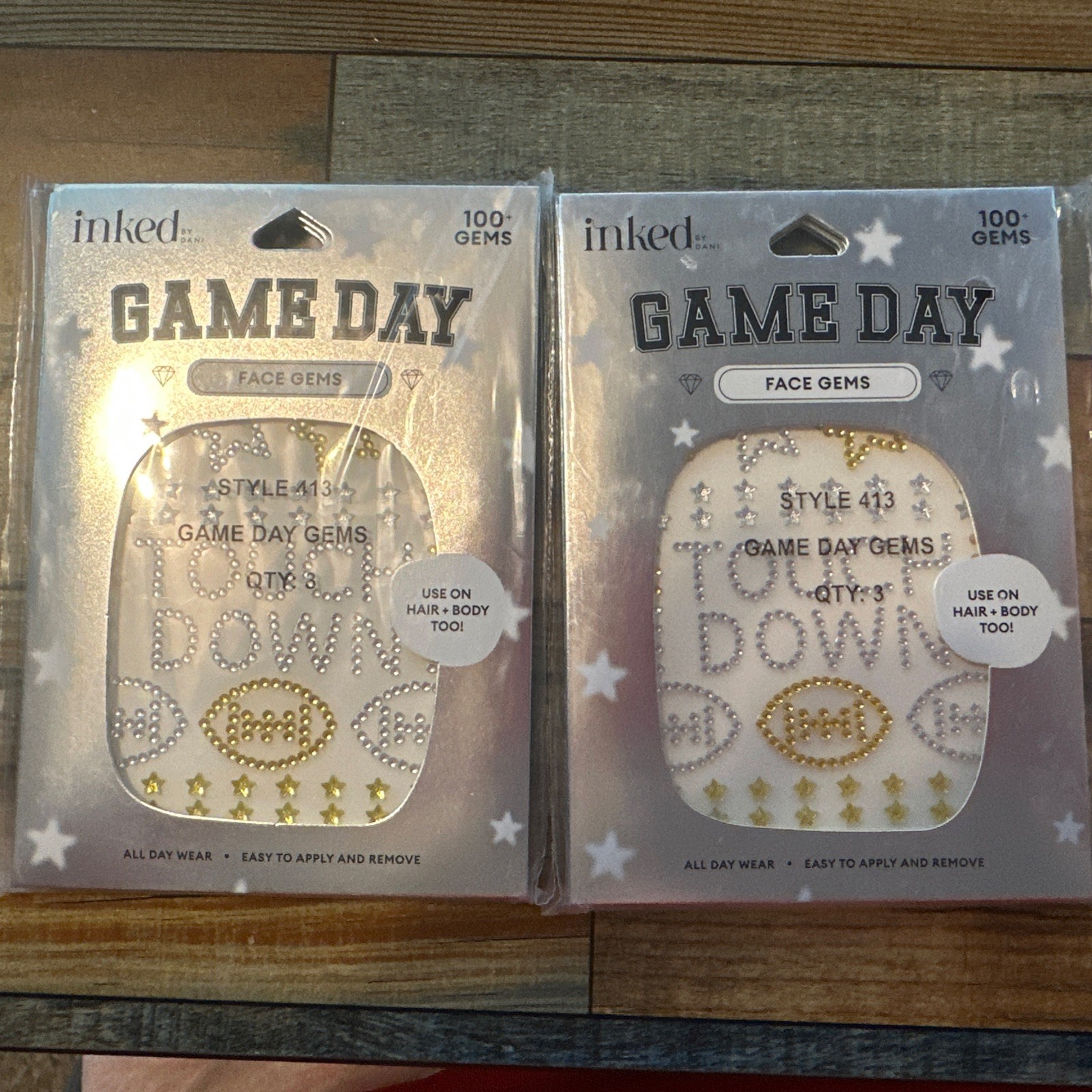 New inked Game Day Dani Face Body Hair Football Gems in Gold Silver Lot of (6)